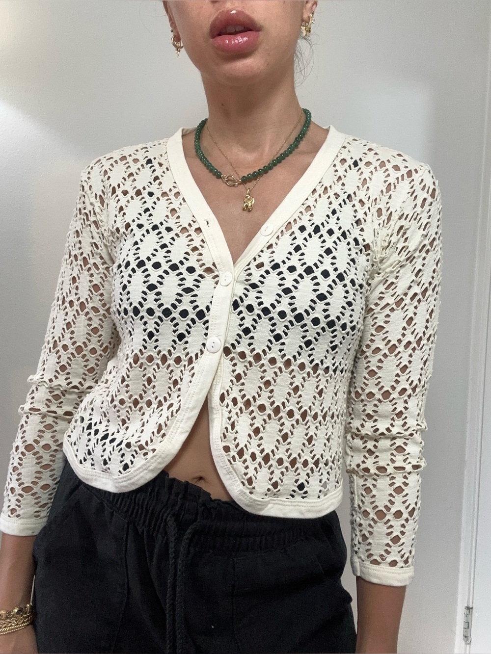 Vintage 70’s Cream Crochet Eyelet Button-Front Cropped Cardigan Size S